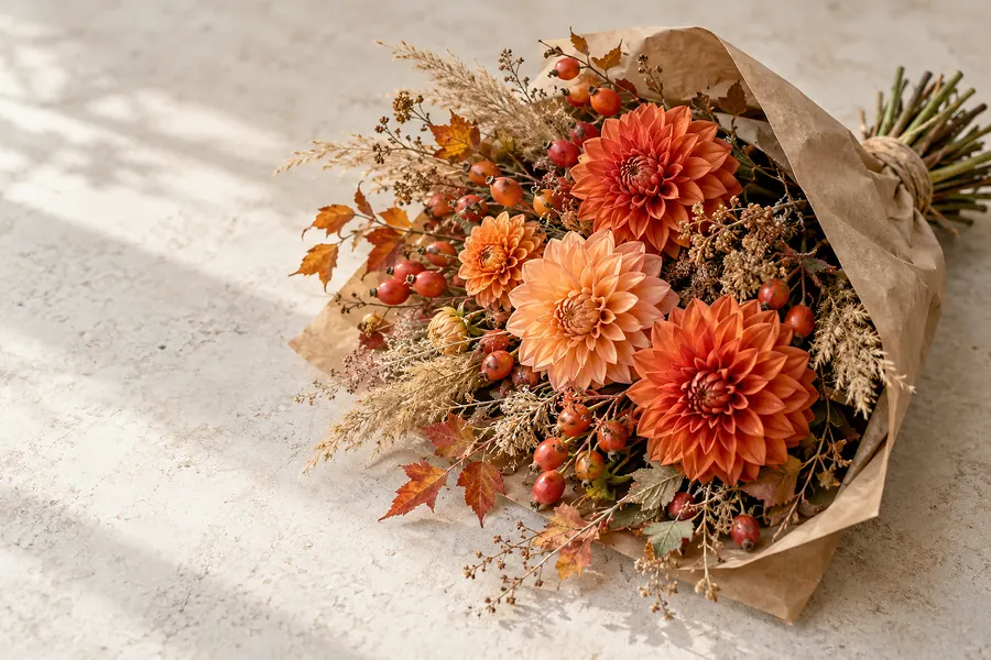 Herbststrauß mit Dahlien und Hagebutten in Packpapier (Illustration)