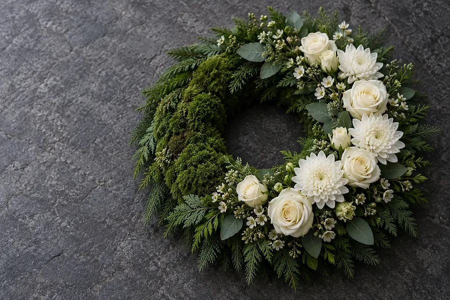 Kranz aus dichtem Grün mit weißen Rosen und Chrysanthemen (Illustration)